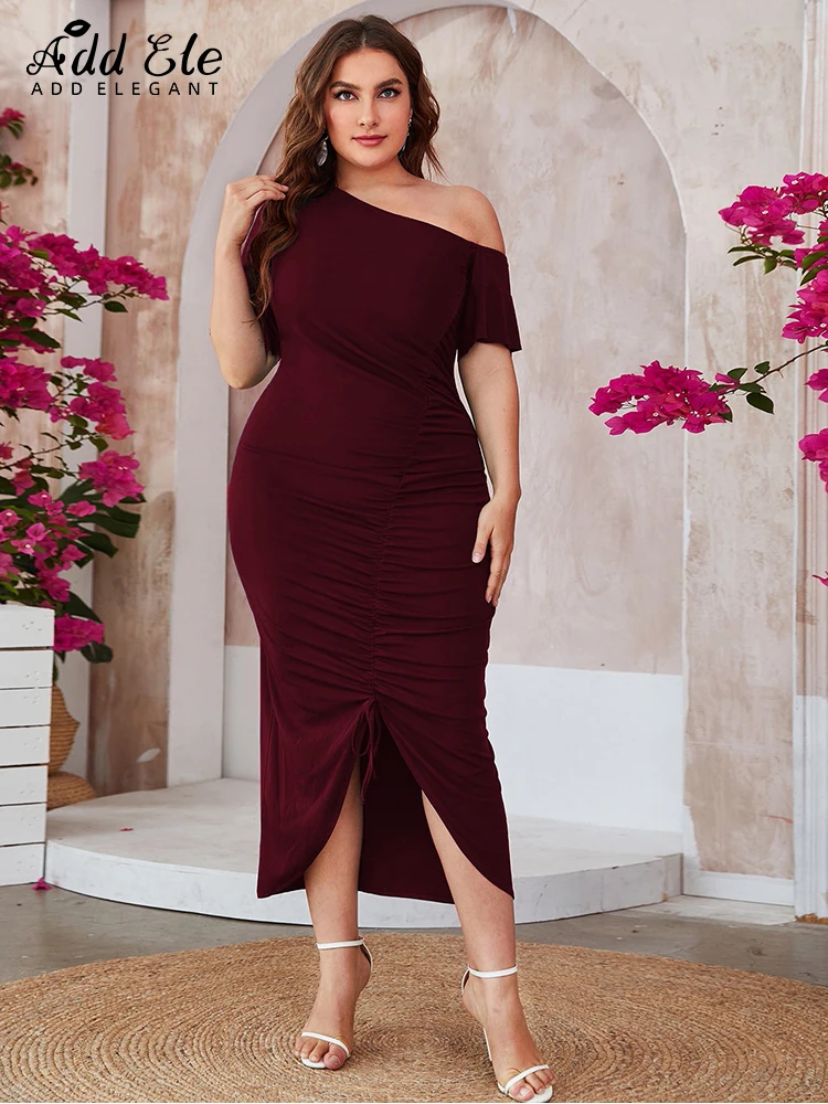 Add Elegant Summer Plus Size Dresses for Women One Shoulder Drawstring Knot Ruched Solid Female Cut Out  Wrap A-LINE Dress B234