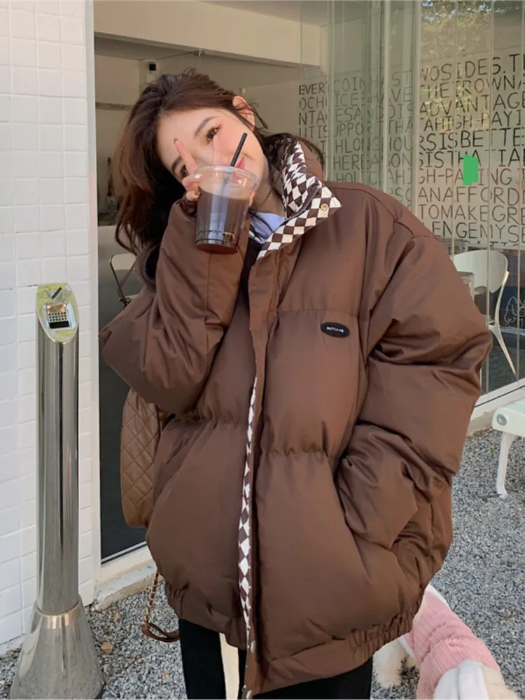 2022 Winter New Plaid Padded Jacket Women's Loose Thick Warm Casual Coat Female Korean Bread Clothes Outwear