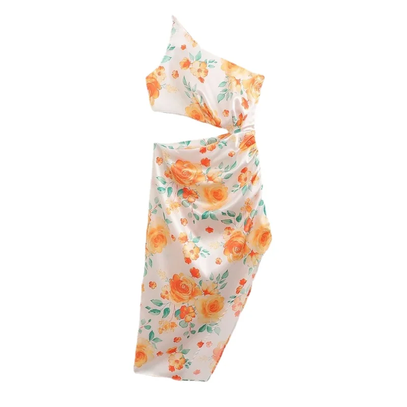 

2023 New Women's Satin One Shoulder Printed Strap Dress