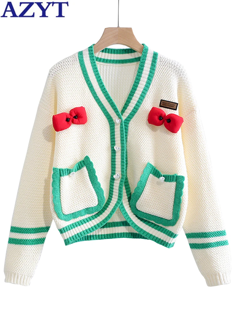 

AZYT Cute Bow Panelled Sweater Female Cardigan 2022 Autumn Casual Short Sweater Coat For Women Casual Pocket Knitwear Pull Femme