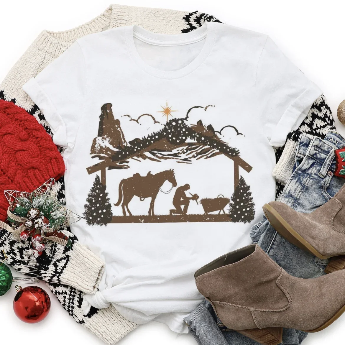 Футболка с короткими рукавами Молиться Ковбой Рождество Религиозный