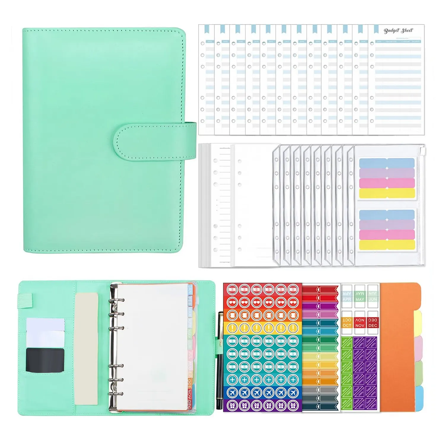 

A6 Budget Binder with Zipper Envelopes & Cash Envelopes for Budgeting, Money Organizer Planner for Cash (Green)