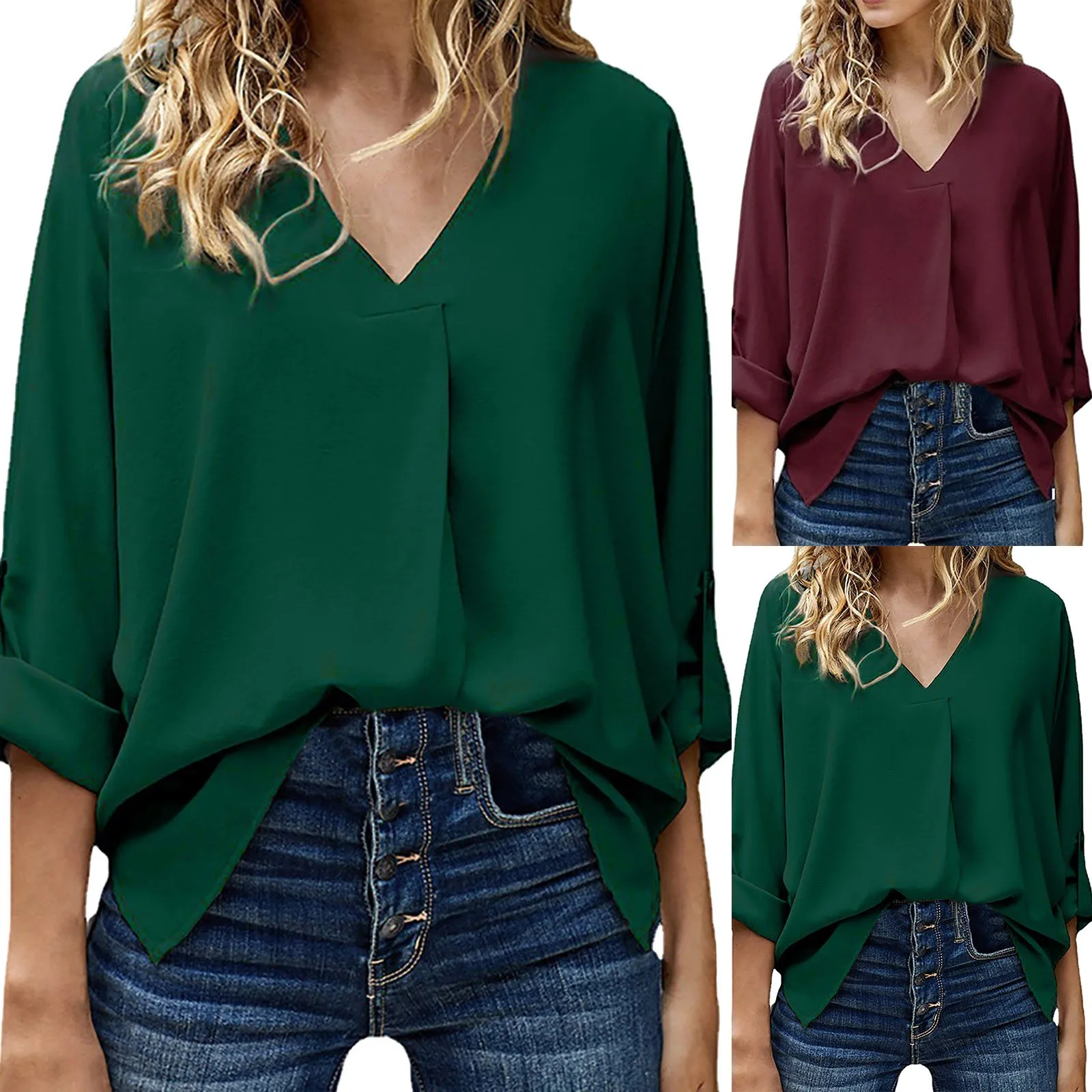 

Women Chiffon Blouse Tops Autumn V Neck Long Sleeve Loose Solid Color Shirt Plus Size All-match Streetwear korean Dress Shirts