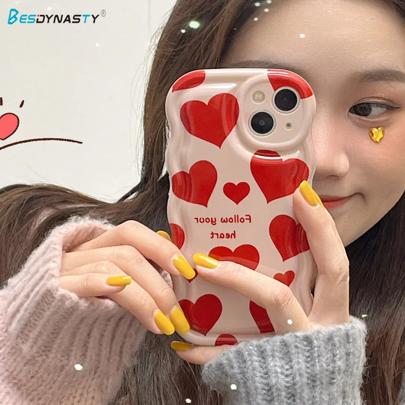 

BESD милый Ins корейский красный браслет с бусинами волнистый чехол для телефона с любовным сердцем для iPhone 14 Plus 13 12 11 Pro Max Kawaii мягкий чехол
