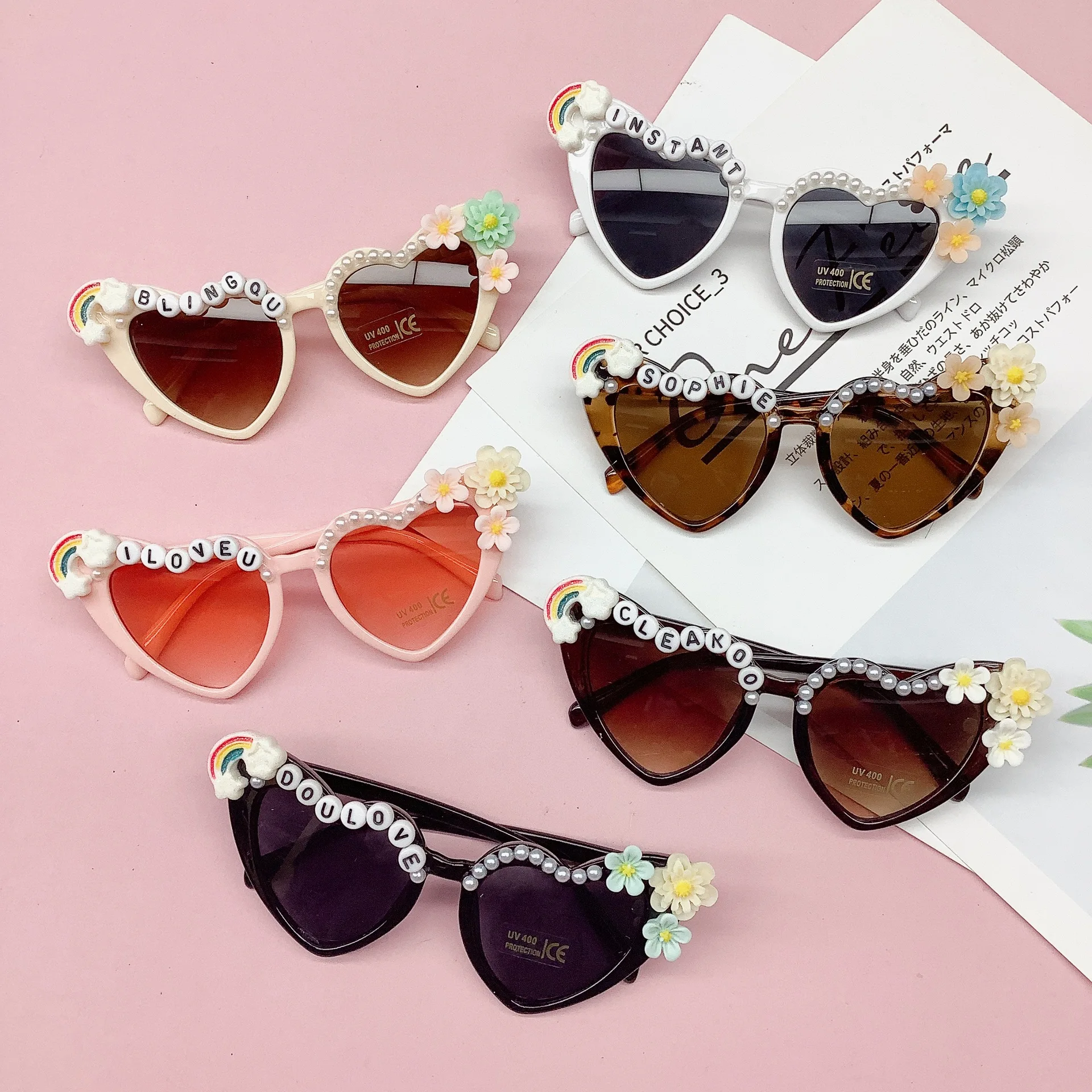 

Peach Heart Children's Sunglasses, UV resistant, cute concave shaped rainbow flower baby sunglasses for boys and girls
