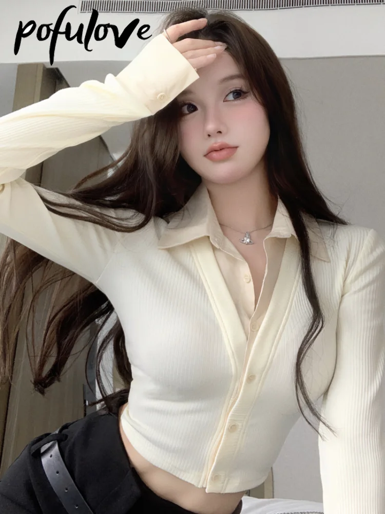 

Sexy Slim Top Women POLO Collar Fake Two Short Long-sleeved Top Black Cardigan Female Vintage Harajuku Y2k Top Spring and Summer