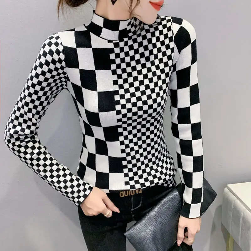 

Fall/winter new plaid semi-turtleneck sweater women slim bottoming sweater pullover top