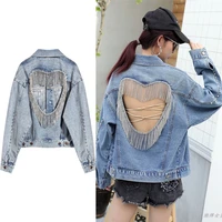 patchwork tassel diamond denim jacket for women lapel long sleeve hollow out casual jackets female 2022 fashion new