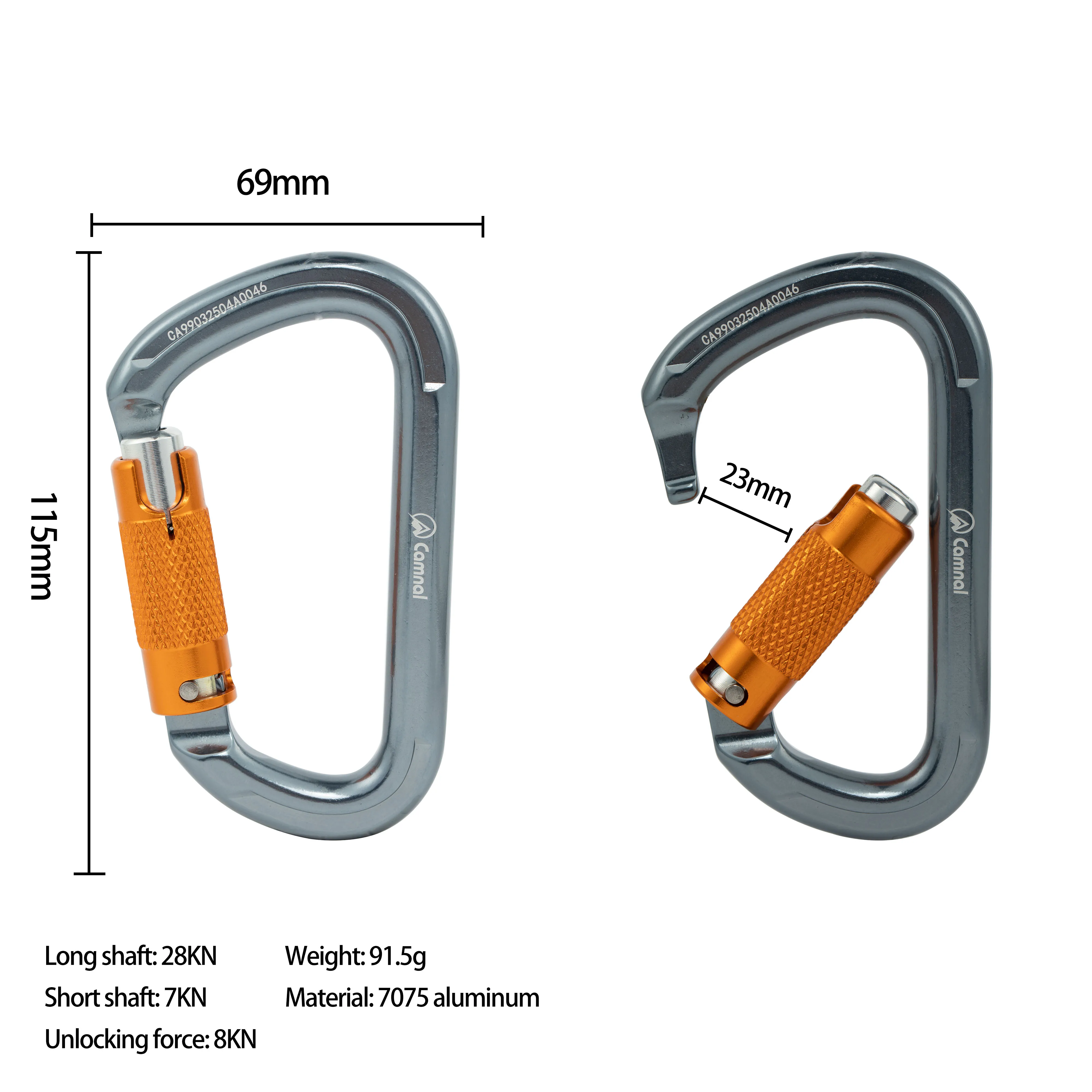 Фото Camnal Heavy Duty 30KN Алюминиевый двойной замок D-образный карабин для скалолазания Крючок для воздушной работы Сертифицированная CE модель 9903 Пользовательский логотип №2