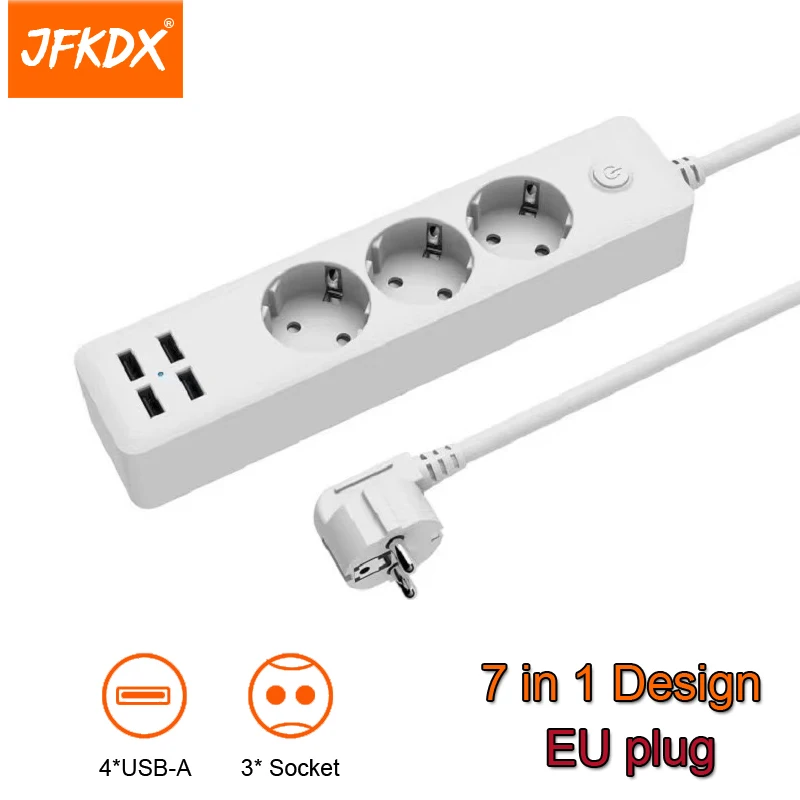 

JFKDX EU Plug Power Strip Extension Electrical Multi Outlet Expander Smart Home Socket 4 USB Port Charger Network Filter Adapter