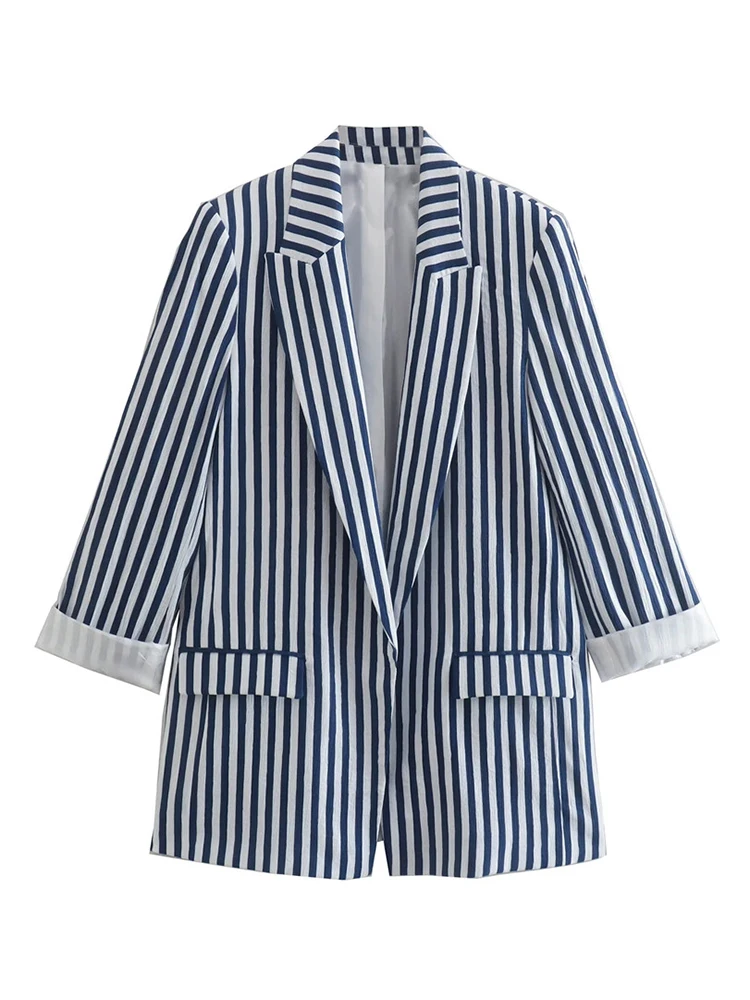 

Merodi Girls Summer Striped Print Long Blazers Womens Office Style No Button Casual Outwear Ladies Two Pockets Blue Jackets