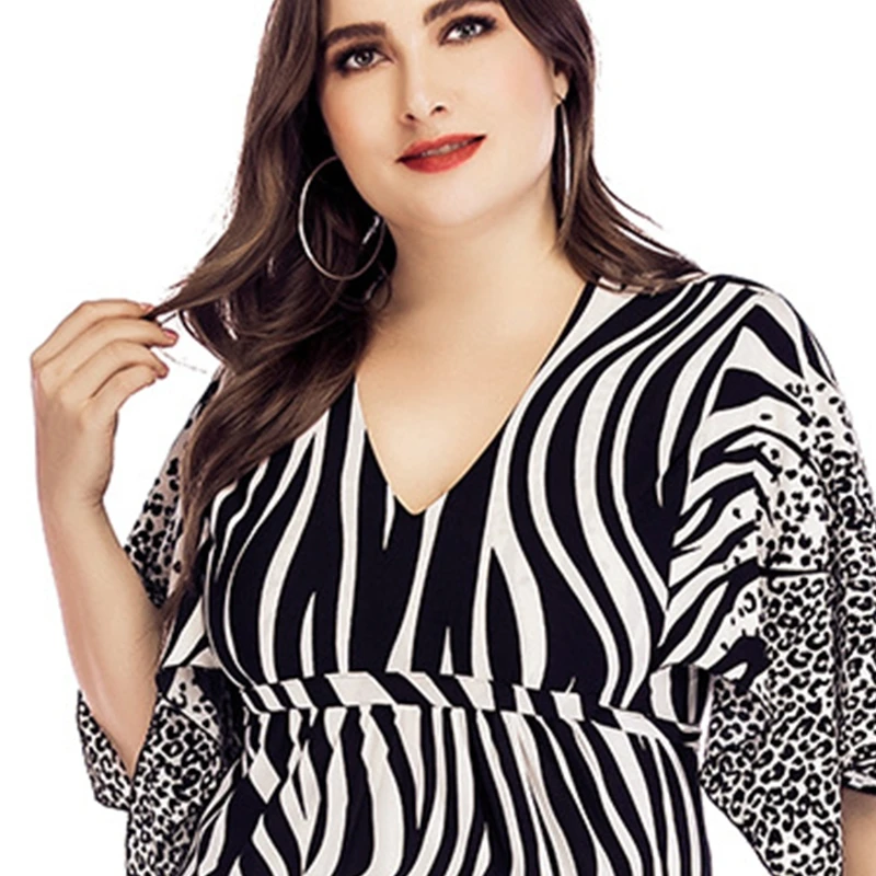 

U90E Women Summer Plus Size Flare Half Sleeve Sexy V-Neck Maxi Long Dress with Belt Zebra Stripes Leopard Print Arabic Kaftan