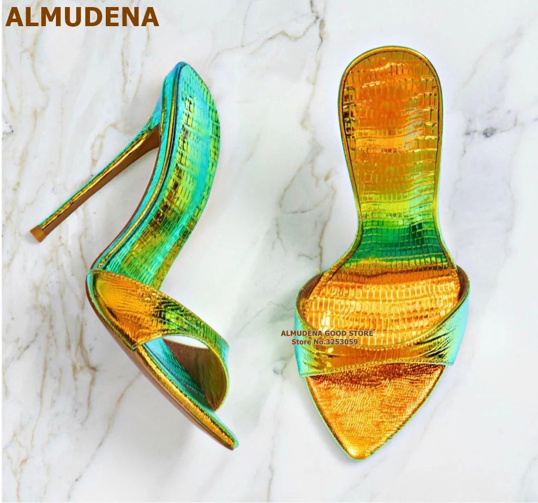 ALMUDENA Hologram Iridescent Snakeskin High Heel Slippers Pointed Toe Slip-on Sexy Summer Dress Shoes Pink Neon Yellow Size46