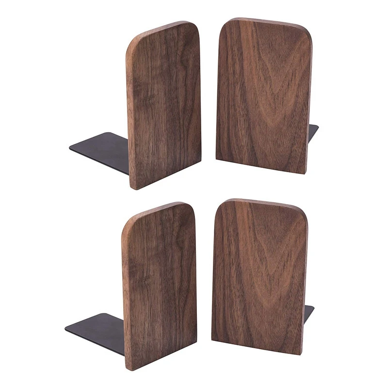 

4Pcs Wooden Bookends With Metal Base Heavy Duty Black Walnut Book Stand With Anti-Skid Dots For Office Desktop