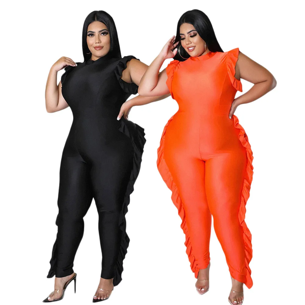 

2022 Plus Size Ruffles Fashion Women Jumpsuit Summer Solid Casual Sleeveless Skinny Rompers Plus Size Bodysuit