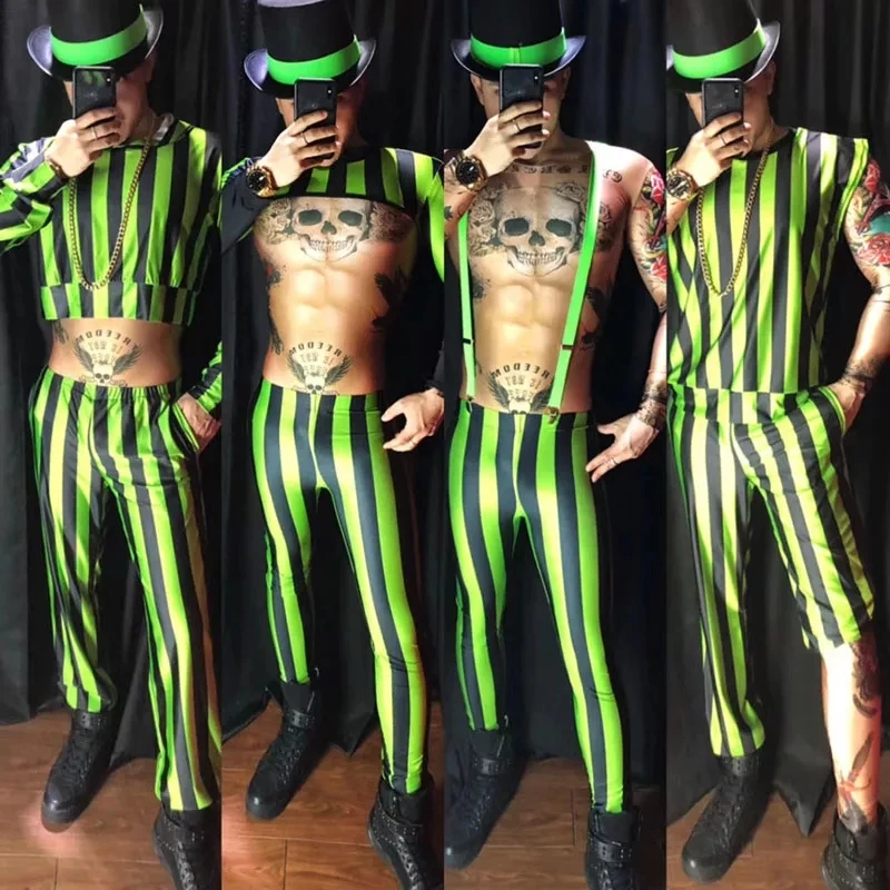 

Флуоресцентные зеленые полосатые костюмы, костюм для джазовых танцев, одежда для танца шеста, костюм ГОГО, женская одежда для сценических представлений XS2315