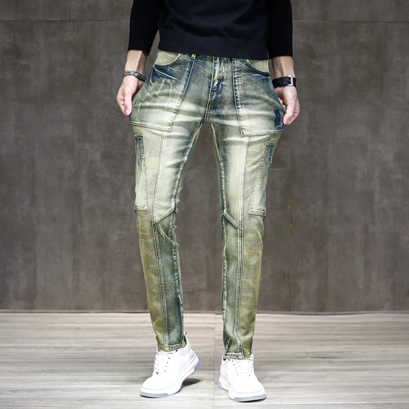 

Мужские хлопковые джинсовые брюки, классические эластичные брюки из денима в стиле ретро с множеством карманов и камуфляжной вставкой, размеры 28-38