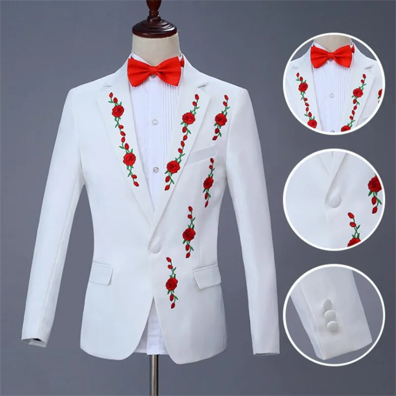 Embroidered blazer men white suit set with pants mens wedding suits costume singer star style dance stage clothing formal dress