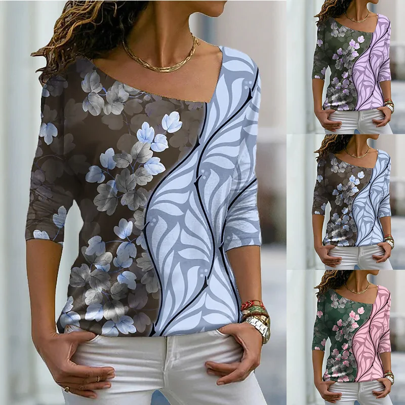 

Женский топ с V-образным вырезом и рукавом средней длины, футболка с 3D цветочным принтом, 2022