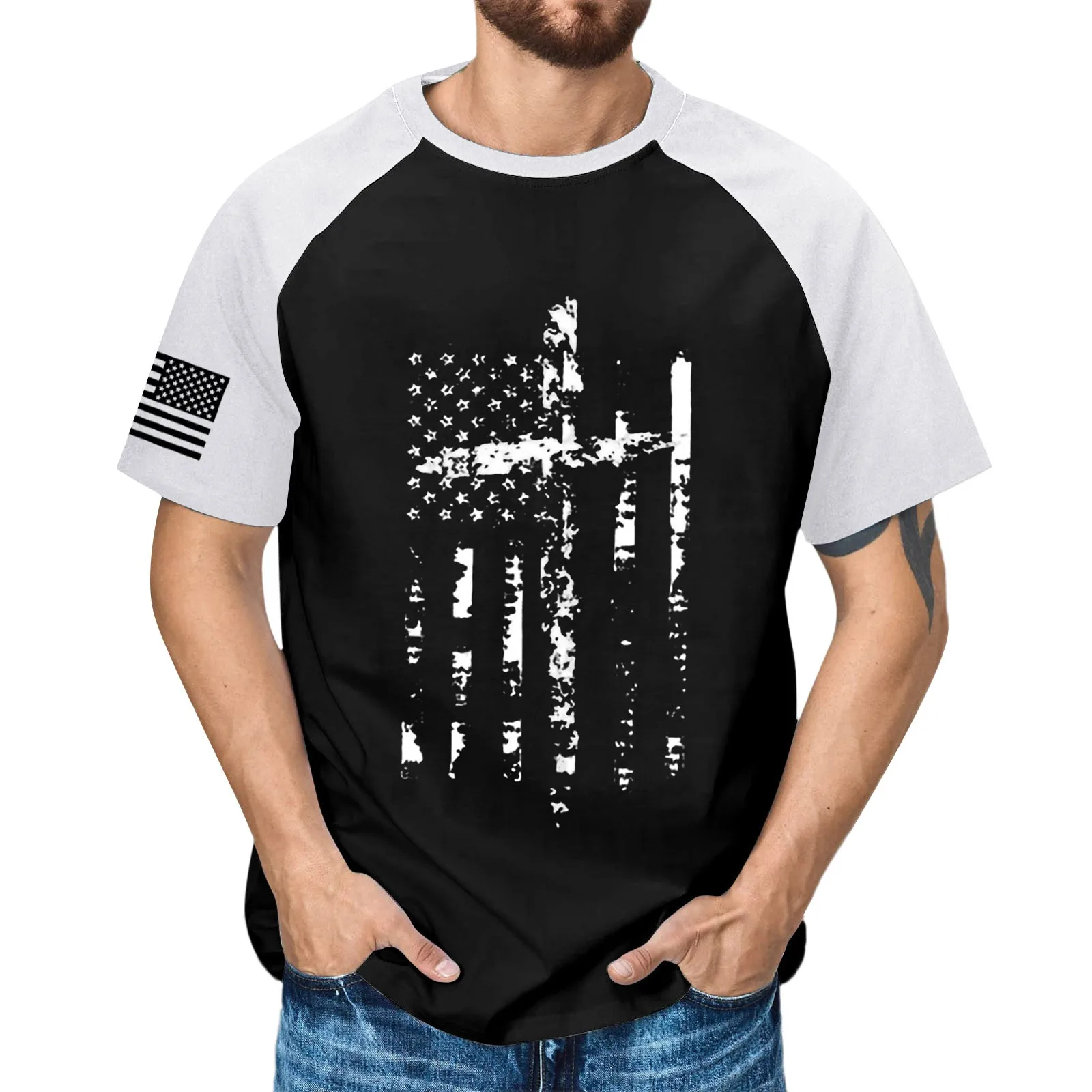 

Workout Shirts Men Men's Independence Day Small Print Color Contrast Spring Summer Leisure Sports Banded Workout Tops Men