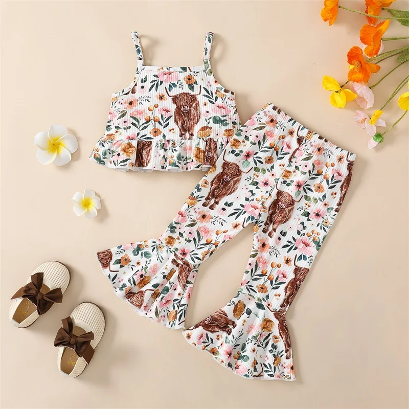 

Summer Kid Girls Pants Set Cattle Flower Print Camisole with Flare Pants Casual Outfit 2pcs Clothes Sets For Children 1-5Years