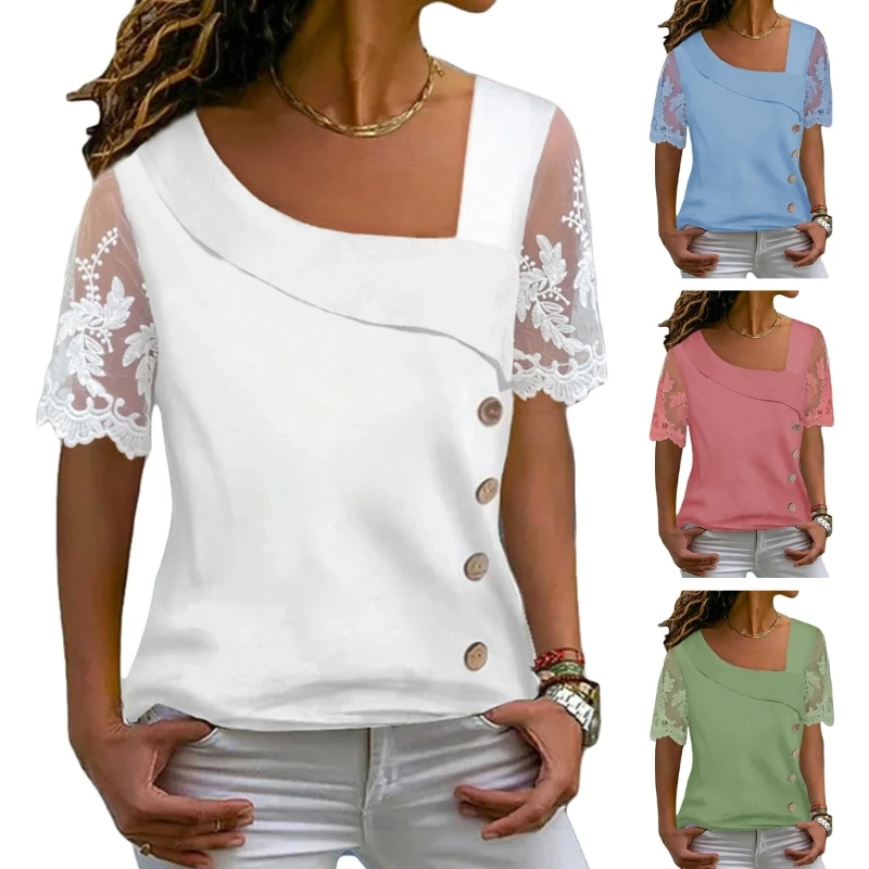 

Women V Neck Shirts Top ,Casual Floral Lace Short Sleeve Tshirts, Loose Fitting Blouses Fashion-Summer Tops Tees