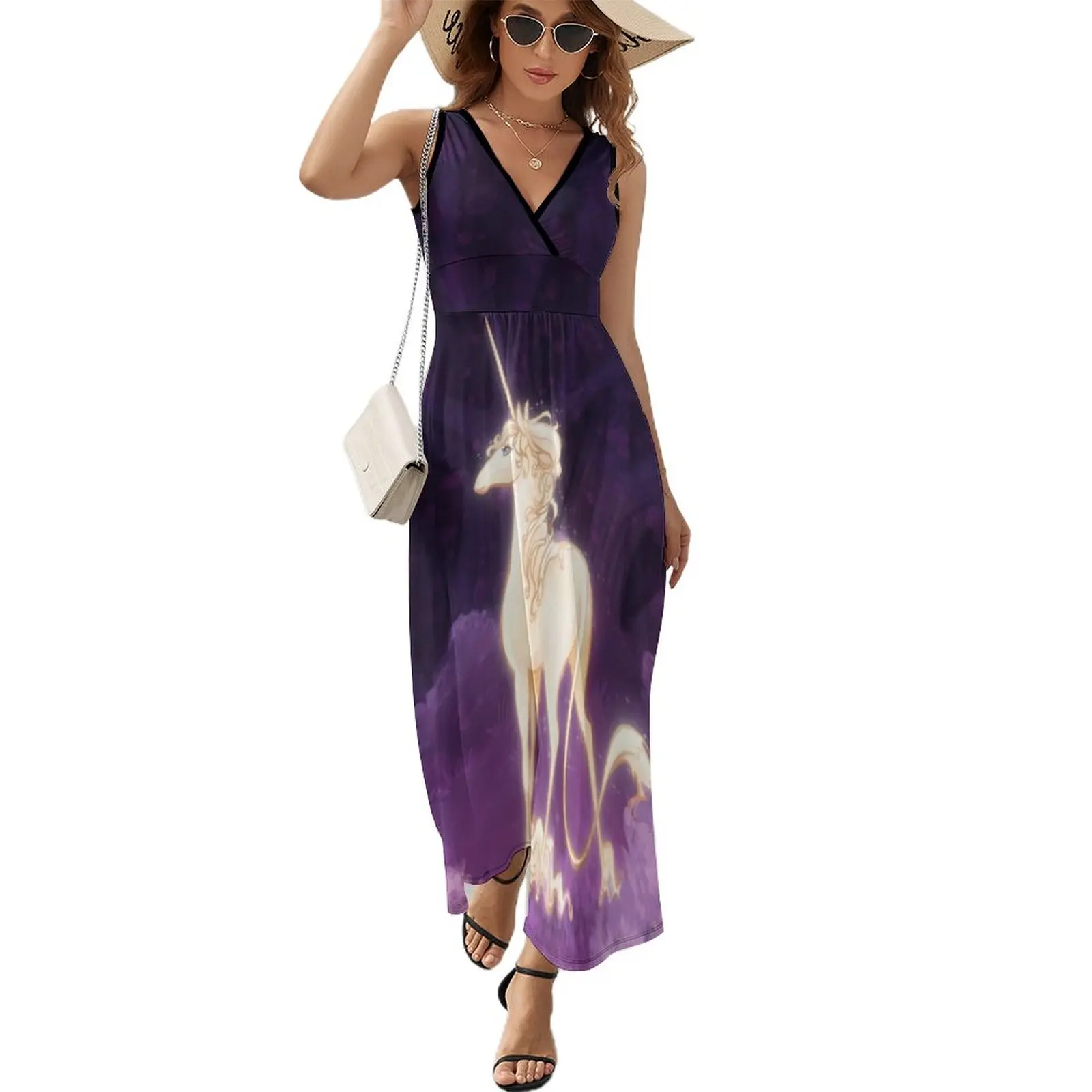 Платье без рукавов с изображением единорога из сиреневого дерева танцевальные