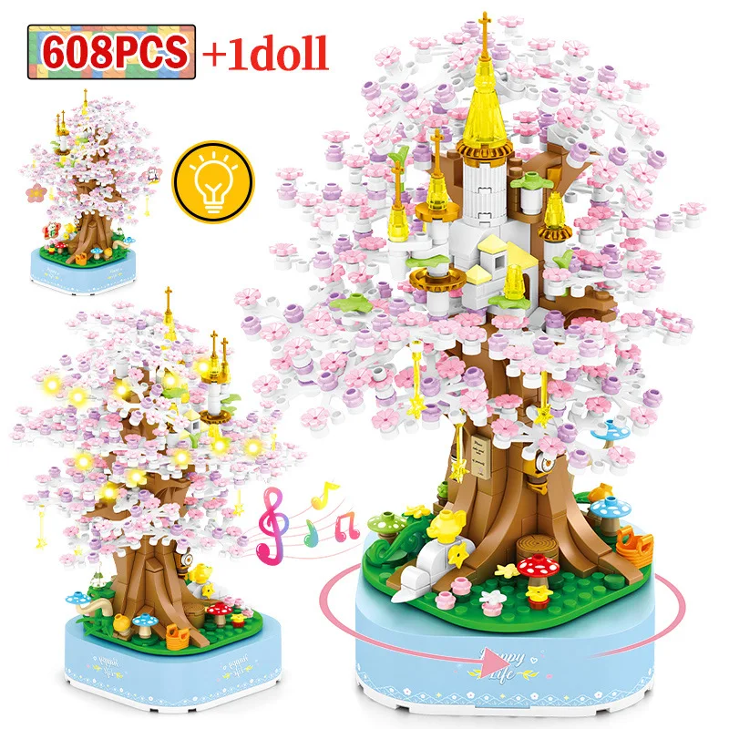 

Creative 608Pcs Sakura Tree Castle Music Box Model Building Blocks Cherry Blossom With Lights Figures Bricks Toys Kid Adult Gift