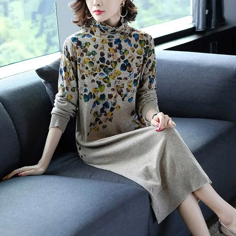 

Woman Casual Mid-length Knit Sweater Dress Female Print Bottoming Thick Sweater Slim Dresses Lady Dress Autumn Knit Vestido G208