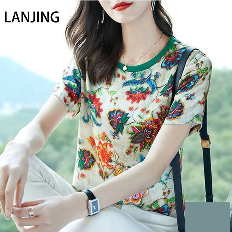 

Summer New Satin Silk Short Sleeve T-Shirt Women's Mulberry Silk Loose Top Crew Neck shirt women sexy harajuku