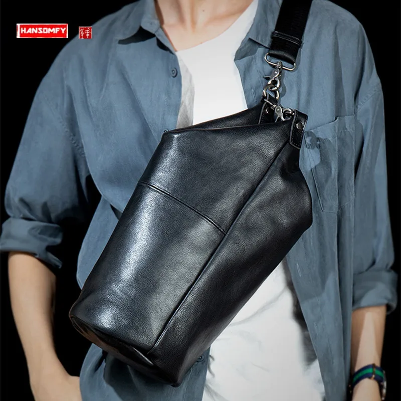 Street Trend Men's Bag Anti-Theft Leather Chest Bag Multi-Functional Shoulder Bag Casual First Layer Cowhide Messenger Bag