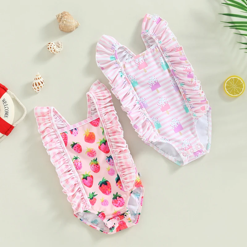 

0-24M Infant Baby Girls Bikini Swimwear Fly Sleeve Ruffle Strawberry Print Bathing Suits Summer Girls Swimsuits Beachwear