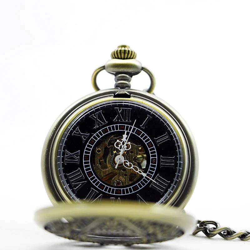 Roman Numerals Display Mechanical Pocket Watch Carved Hollow Design Vintage Strap Chain Pendant Clock Men's Women's Gift