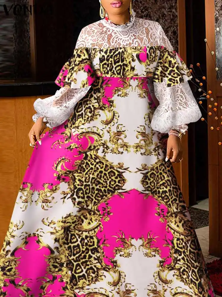 

VONDA Stylish Female Vintage Casual Vestido Patchwork Sundress Women Long Sleeve Dress Printed Party Holiday Maxi Robe Oversized