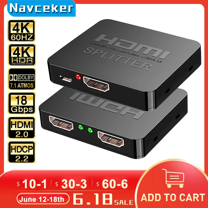 2023 Best 4K HDMI Splitter 1x2 HDMI 2.0 Splitter 1 in 2 out HDMI Amplifier Switch HDR HDMI2.0 Splitter for PS4 Apple TV XBox PS5
