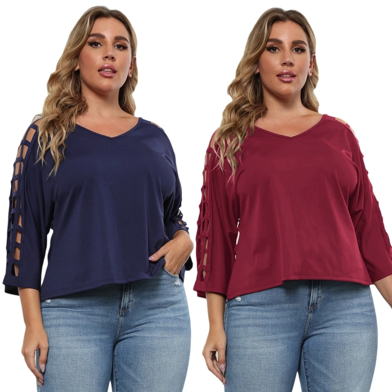 

Female All-matching T-shirt Women's Plus Size Tops Fashion V Neck Solid Blouses Hollow Bat Sleeves Tops for Spring Fall