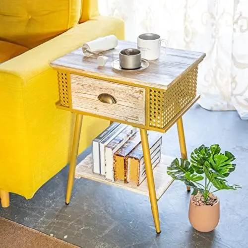 

Стол с 1 выдвижным ящиком, боковой столик из массива дерева для дивана, тумбочка для хранения в спальне, деревенская мебель, простая сборка (золотистый)