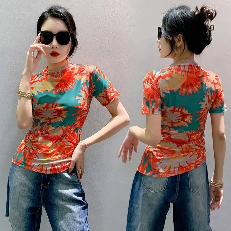 

T-Shirt Short Sleeved Women's Mesh Half High Collar 2023 New Printed Top Autumn Decoration Body Slimming Autumn Coat Bottom