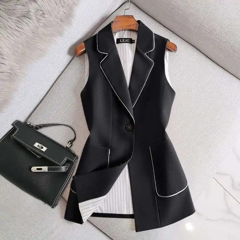 Jacket Vest Autumn Elegant Pink Suit Vests Jacket Women's Black White Stripe Coat Professional Suit Office Ladies Chaleco Mujer