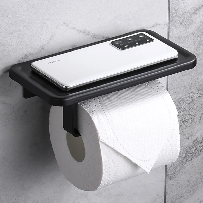 

Bathroom Wall Mount WC Paper Phone Holder Shelf Towel Roll Toilet Paper Holder Black