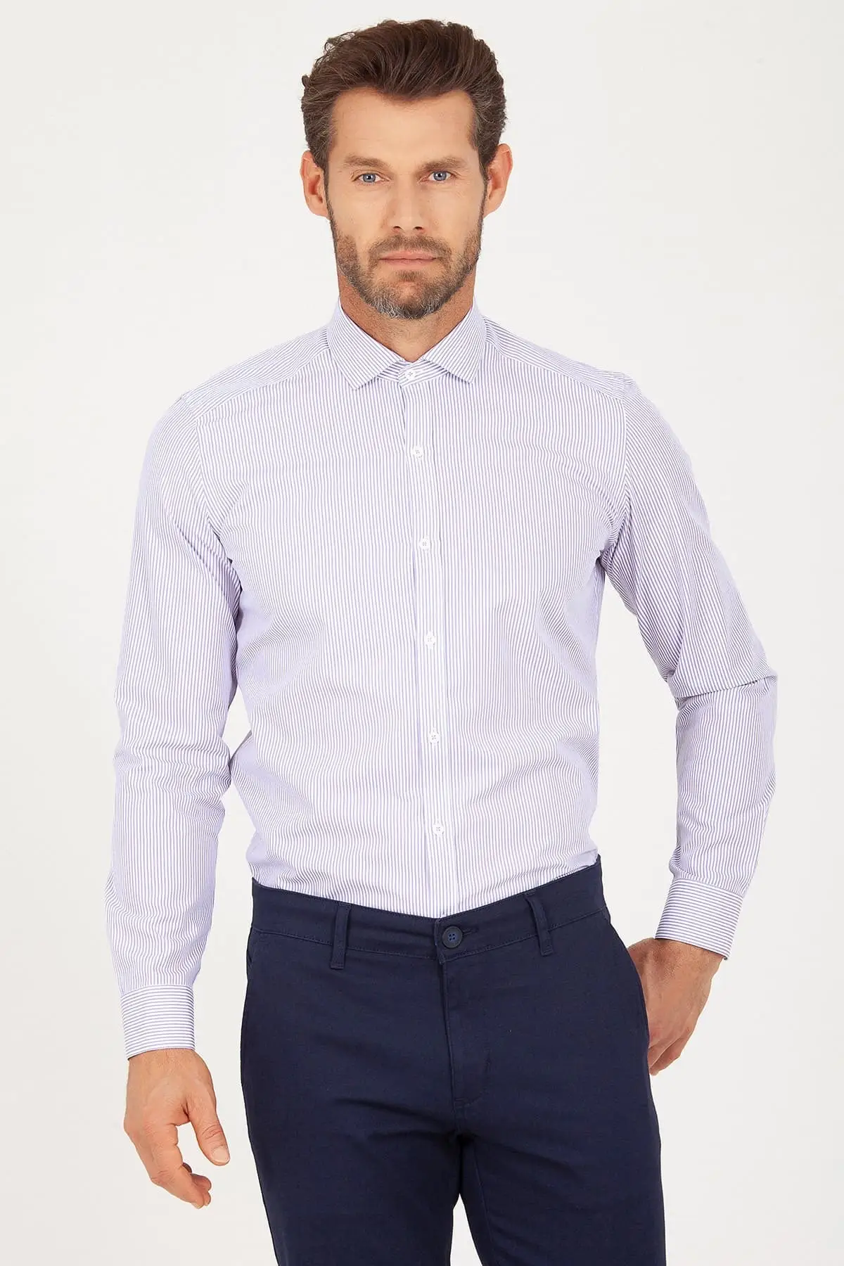 

Фиолетовые приталенные рубашки в полоску