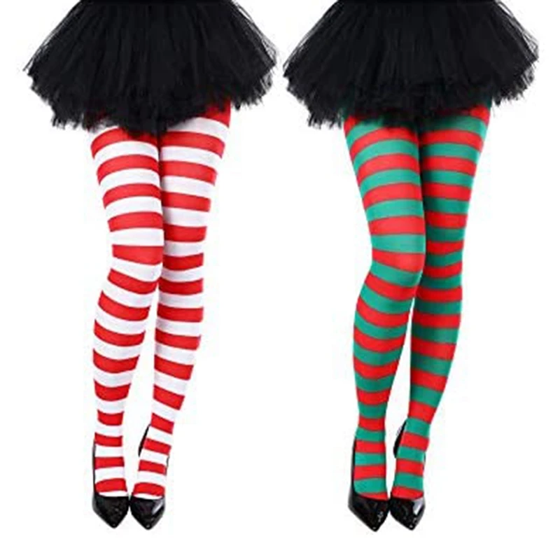 

2 Set Christmas Striped Tights Thigh High Socks Stretch Pantyhose Red White + Red Green 100-110Cm For Christmas Supplies