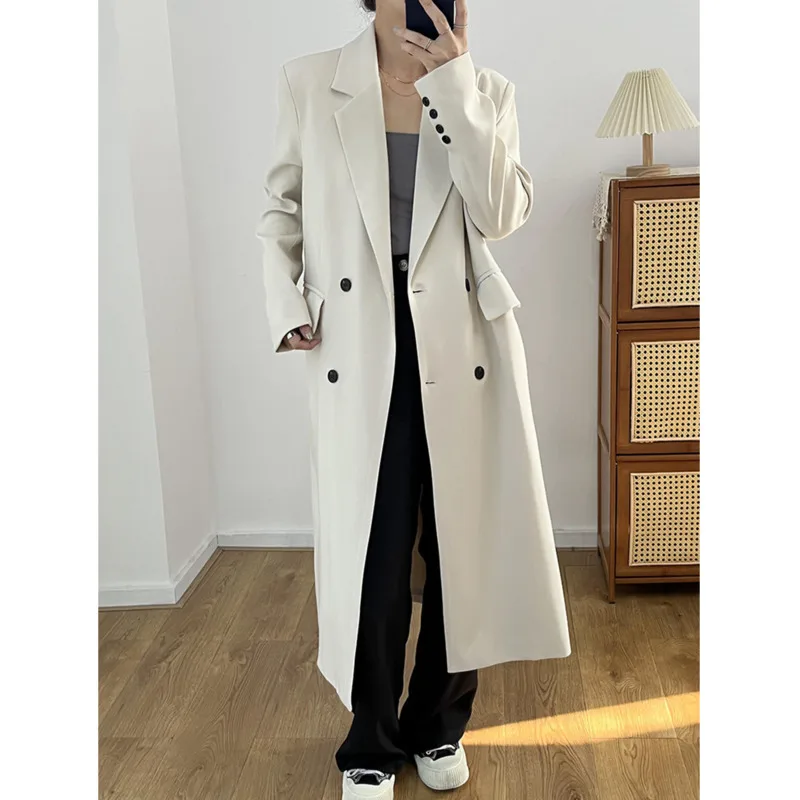 2022 Autumn New Women Long blazers Suit Coat Turn Down Collar Double Breasted Straight Casual Blazers Solid Color Tops