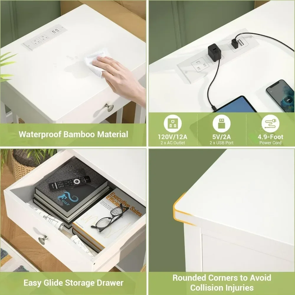 С зарядной станцией Набор бамбуковых прикроватных тумбочек с USB-портами и