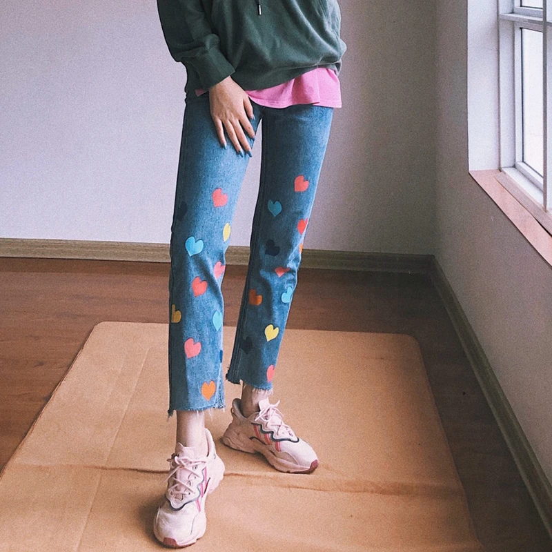 Colorful Heart Print Jeans Harajuku Mom Jeans High Waisted Denim Pants Women Autumn Winter Blue Baggy Trousers 90s Streetwears