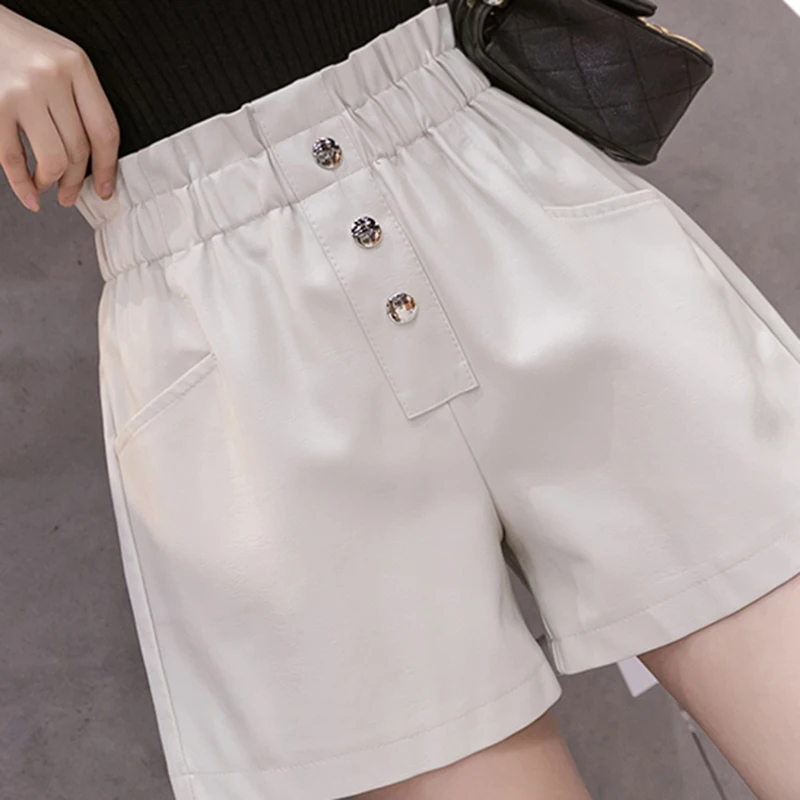 

Fashion Pu Leather Shorts Woman High Quality Wide Leg Faux Leather Shorts Elastic High Waist 2022 Autumn Winter New Short Pants