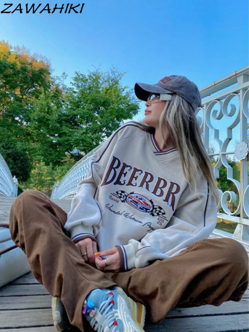 

Vintage Letter Print Hoodies V-neck Long Sleeve Sweatshirt Retro Embroidery Fairy Grunge Pullover Hoodie Autumn Women Tops