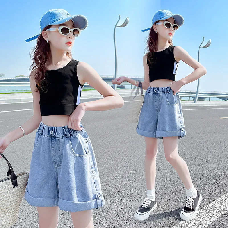 

Young Girls Denim Shorts 2023 Summer Clothes New Arrivals Children's High Waist Fashion Turnup Shorts 5 7 9 11 12 13 14Years Old