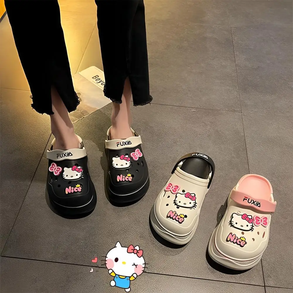 

Kawaii Sanrio Hello Kitty Slippers Cartoon Kt Cat Summer Pu Thick Base Antiskid Baotou Sandals Female Students Home Shoes Gift