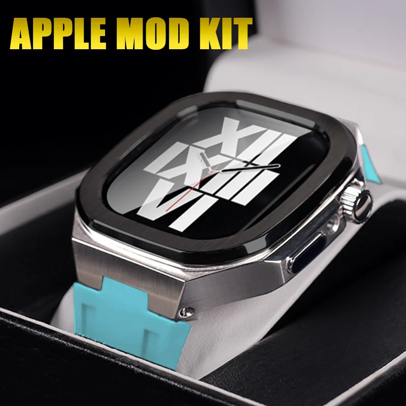 Enlarge Stainless Steel Mod Kit for Apple Watch Case 8 7 45mm Modification Kit for Iwatch Series 6 5 4 SE 44MM Sports Rubber Wrist Strap